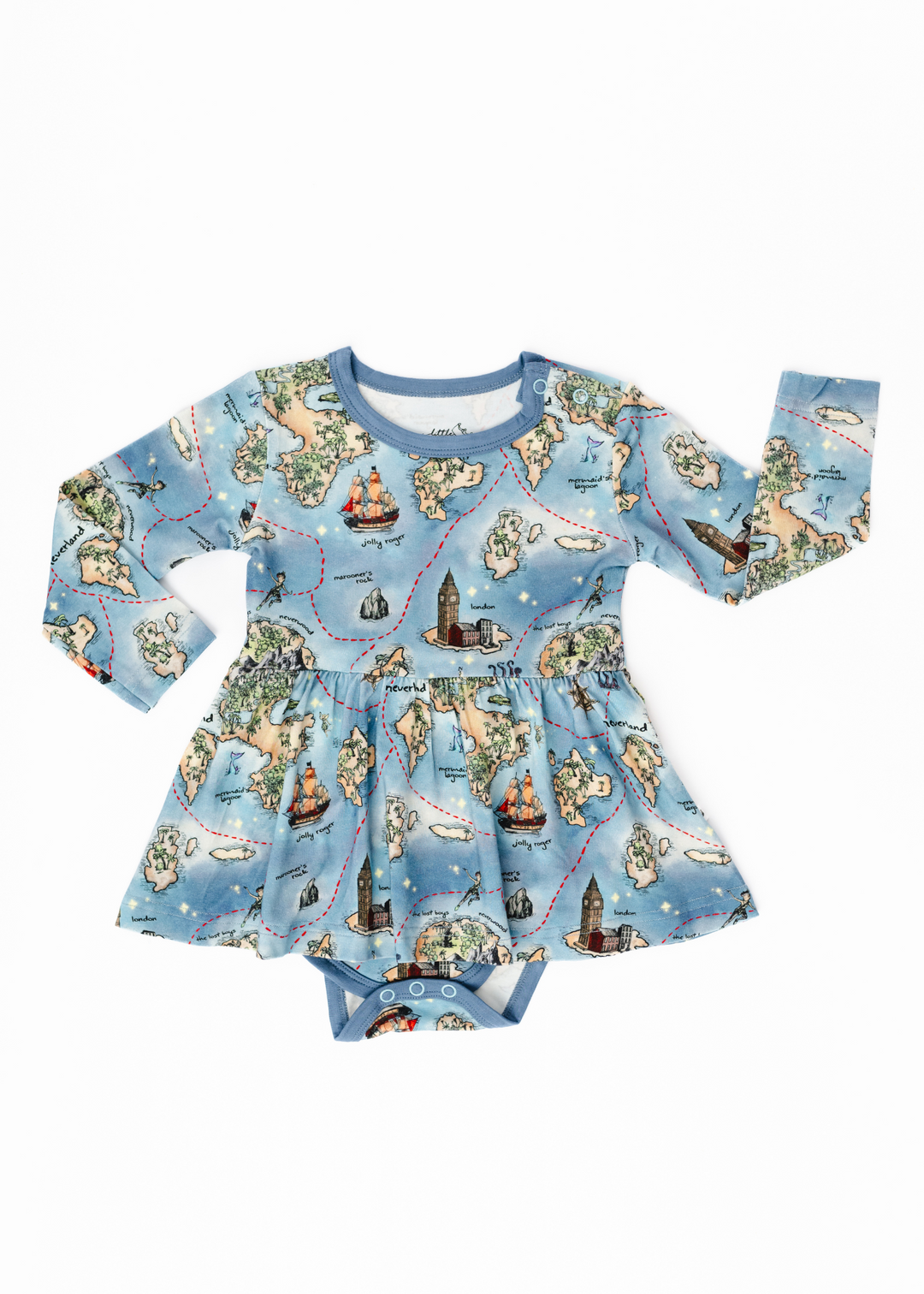 Neverland bamboo long sleeve baby dress. Peter Pan Map bamboo long sleeve baby dress.