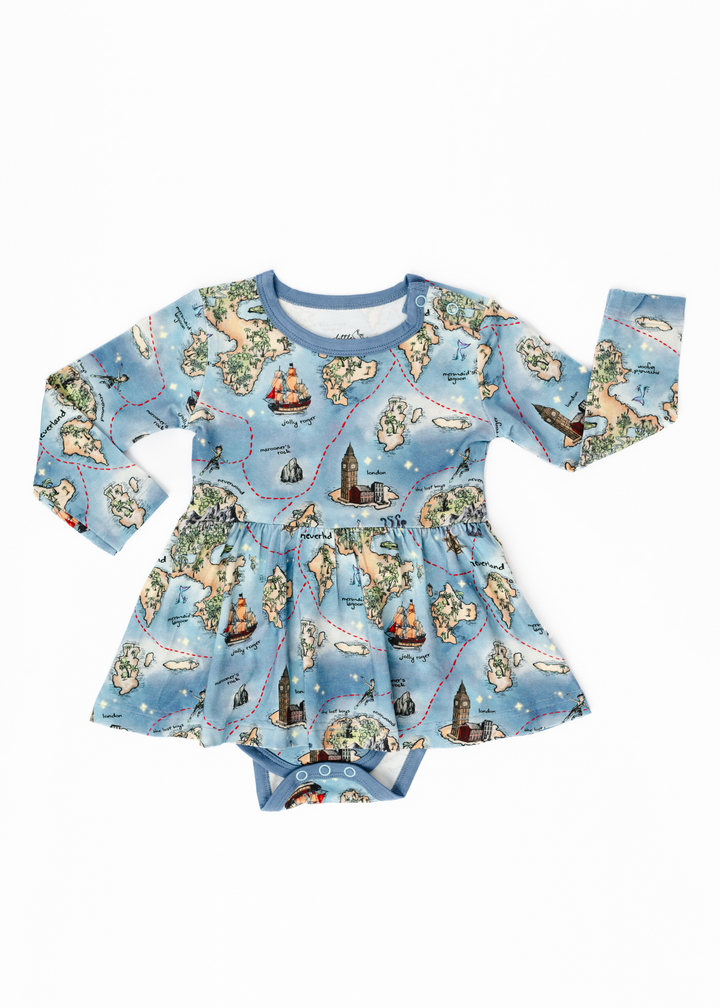 Neverland bamboo long sleeve baby dress. Peter Pan Map bamboo long sleeve baby dress.