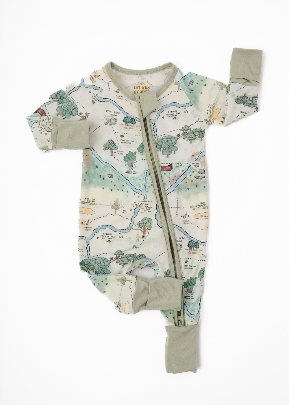 Hundred Acre Woods Bamboo Sleeper. Winnie the Pooh Map themed bamboo baby zippered sleeper. Front layflat.