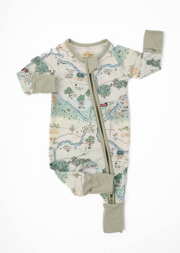 Hundred Acre Woods Bamboo Sleeper. Winnie the Pooh Map themed bamboo baby zippered sleeper. Front layflat.