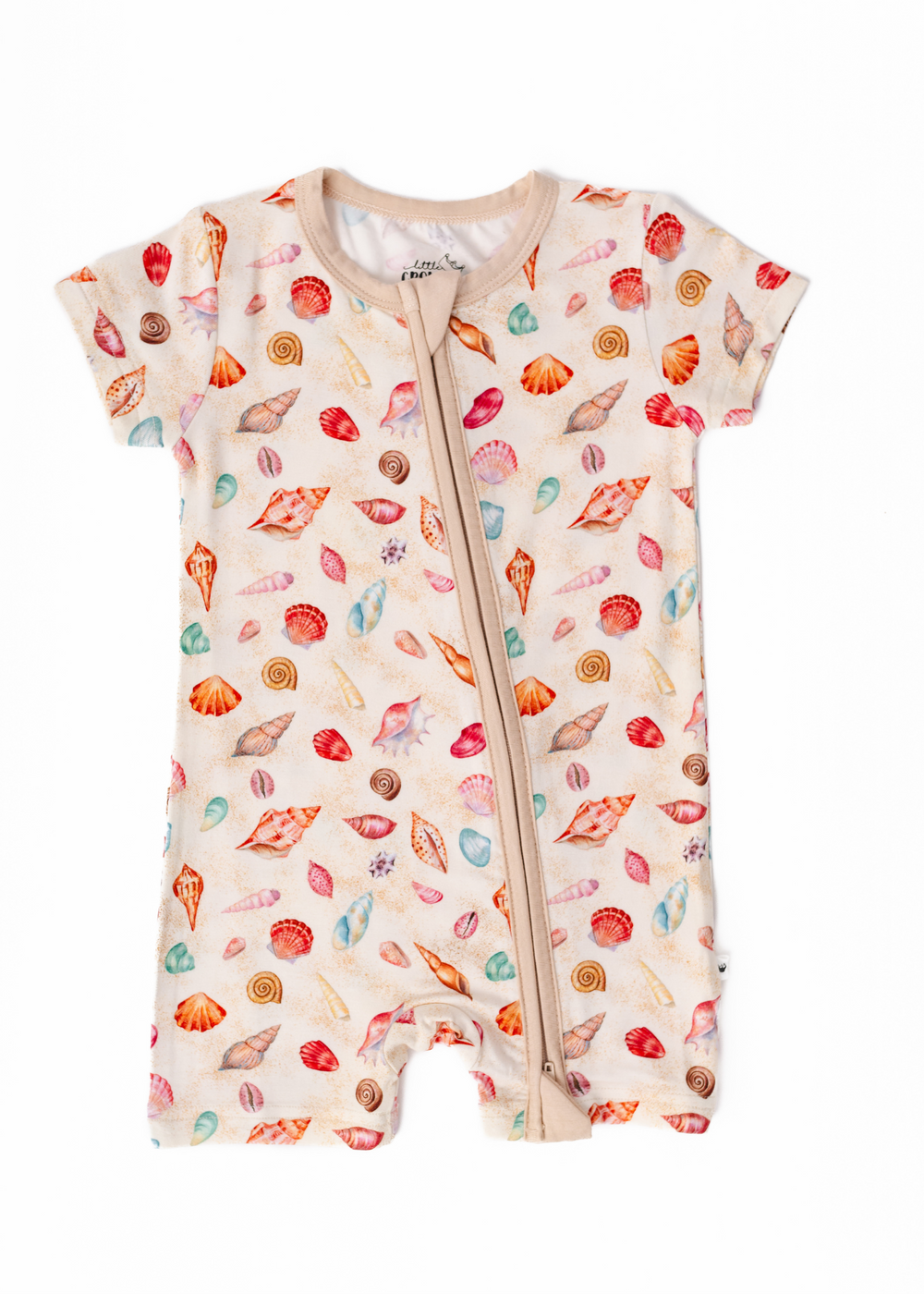 Sea Shells shortie romper made of bamboo fabric for babies and toddlers.