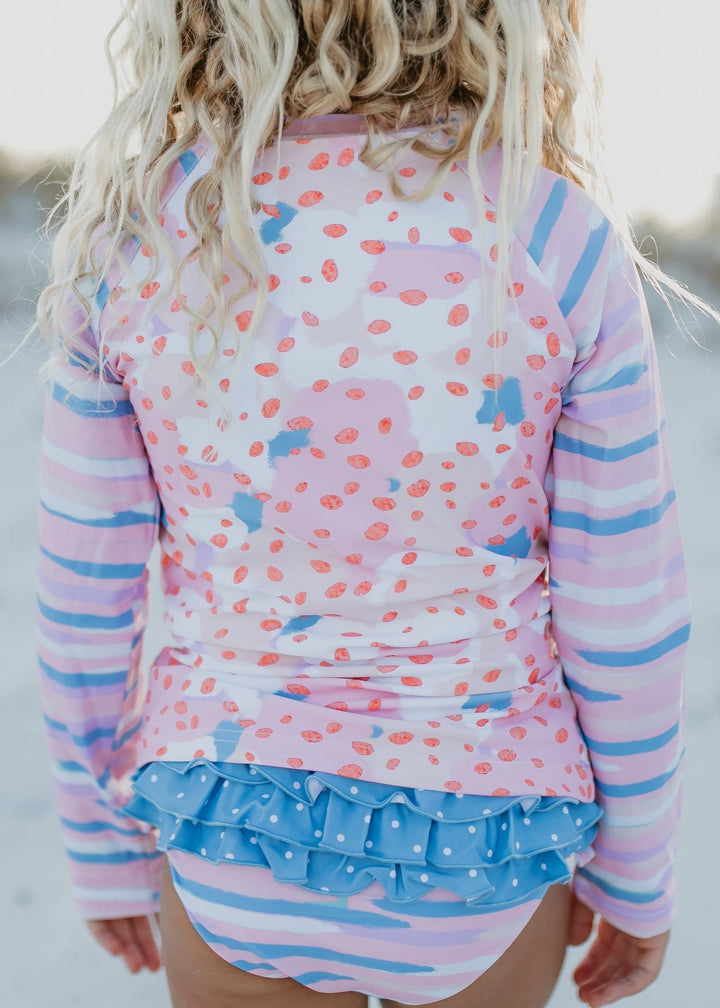 Kids Pink & Blue Abstract Long Sleeve Rash Guard Swimsuit