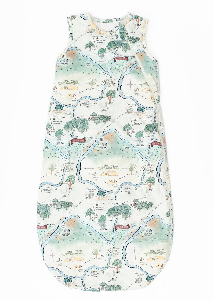 Hundred Acre Woods sleep sack layflat. Winnie the Pooh map themed sleep sack layflat.