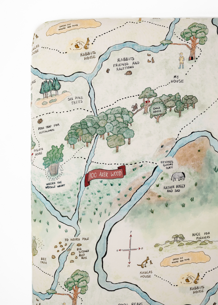 Hundred Acre Woods crib sheet. Winnie the Pooh map themed crib sheet layflat.