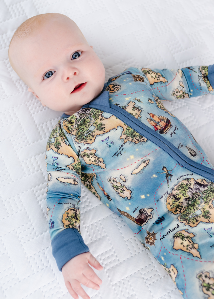 Neverland bamboo sleeper front. Peter Pan Map bamboo zippered sleeper front.