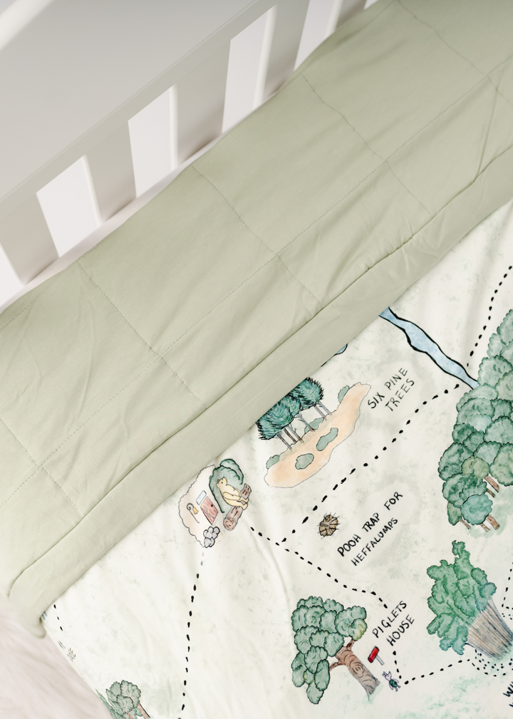 Hundred Acre Woods large bamboo quilt close up with back. Winnie the Pooh map themed large bamboo blanket close up with back.