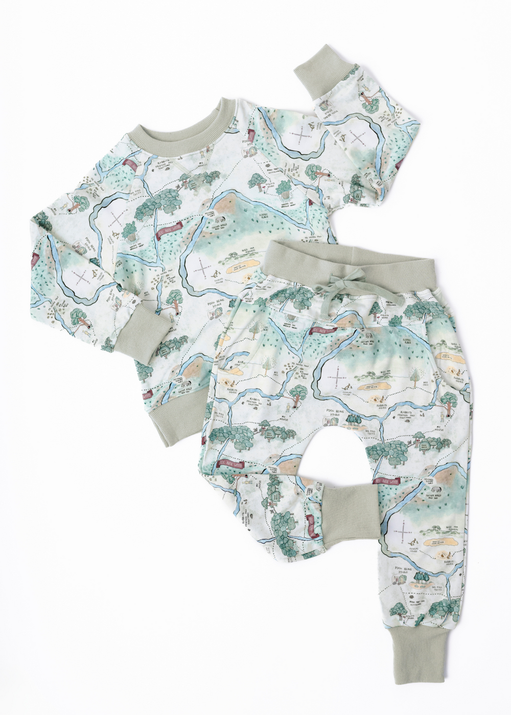 Hundred Acre Woods jogger set. Winnie the Pooh map themed jogger set layflat.