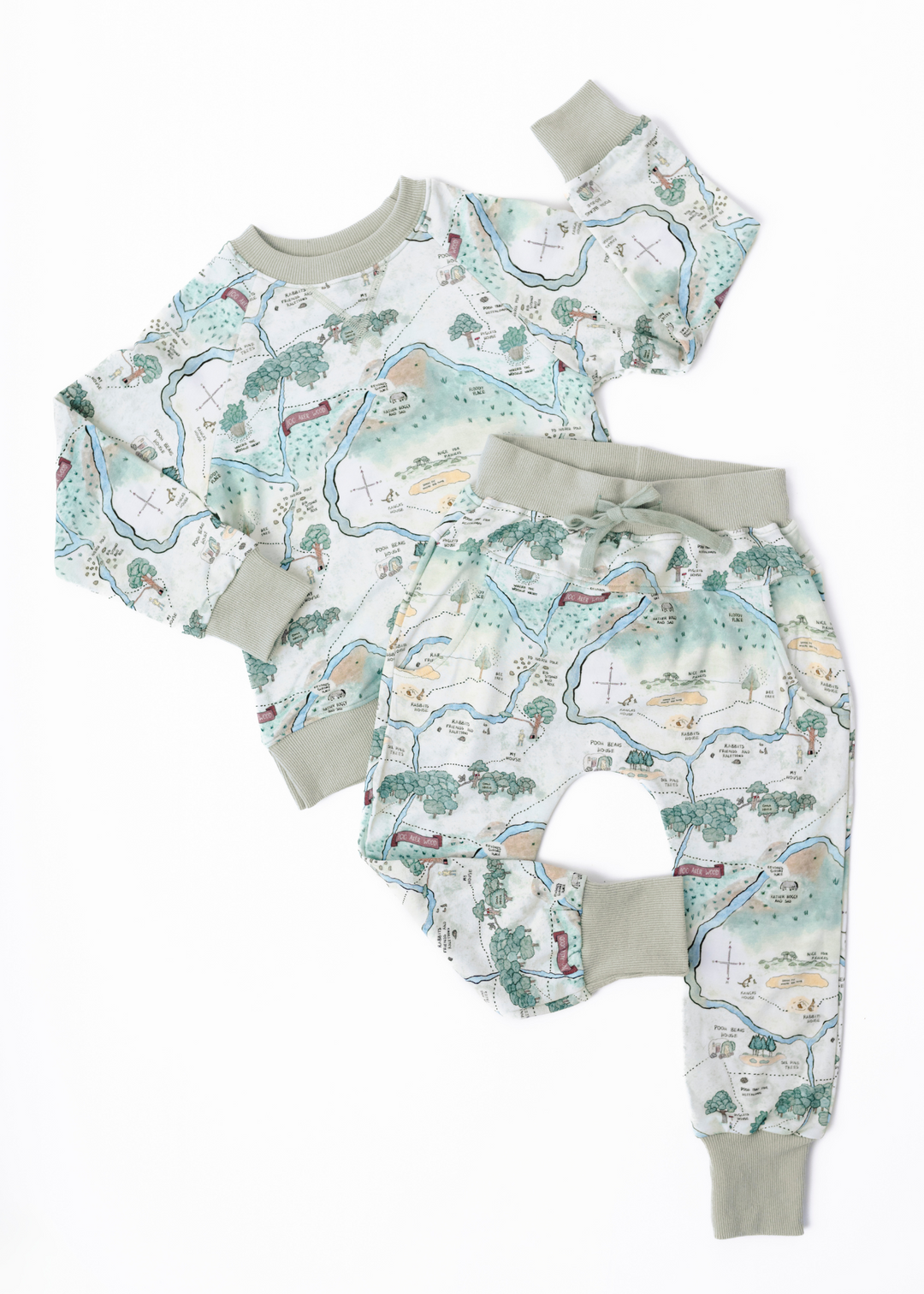 Hundred Acre Woods jogger set. Winnie the Pooh map themed jogger set layflat.