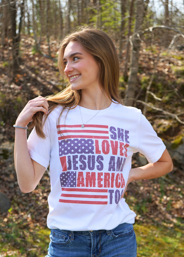 SHE LOVES JESUS AND AMERICA TOO PATRIOTIC TEE