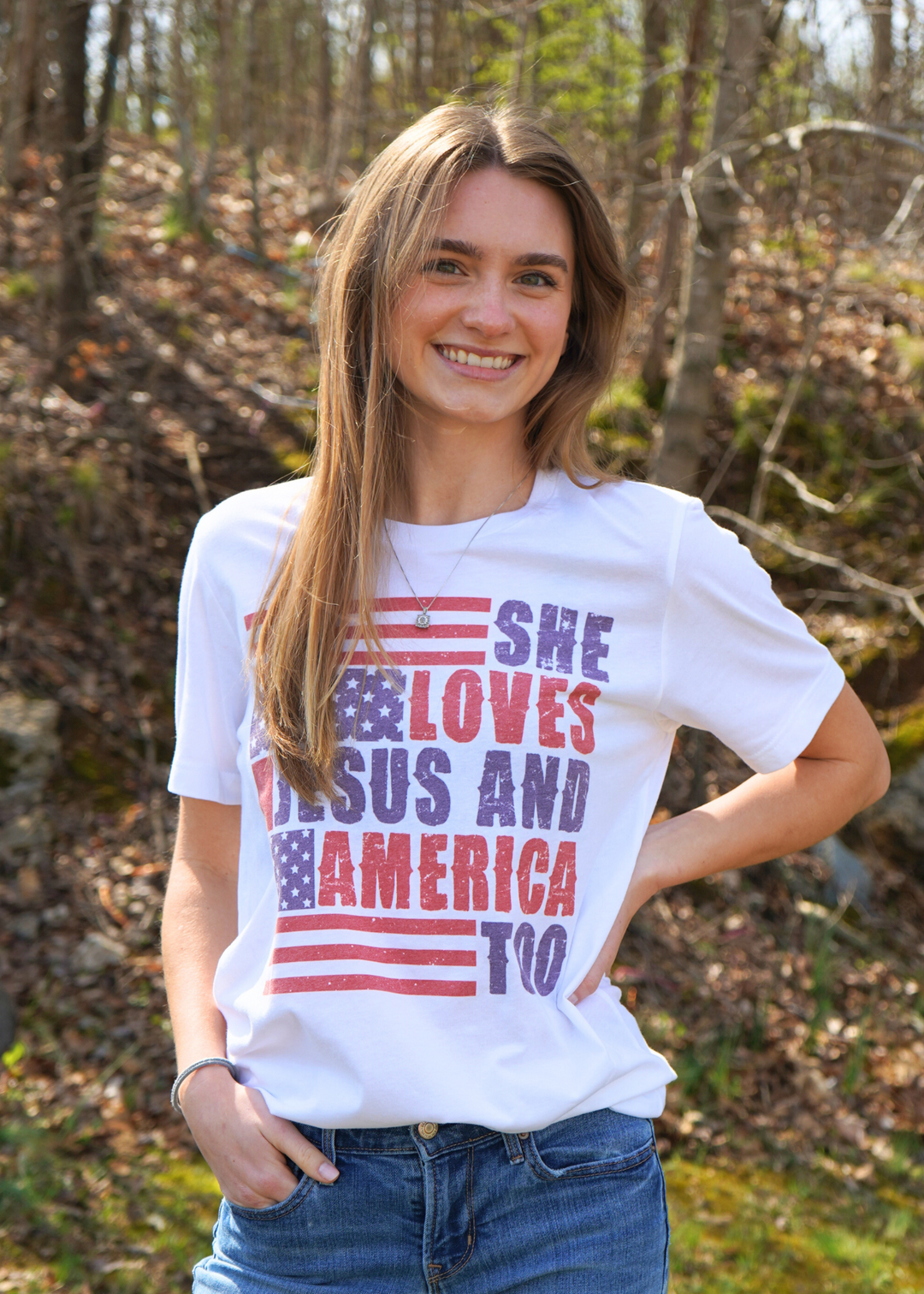 SHE LOVES JESUS AND AMERICA TOO PATRIOTIC TEE