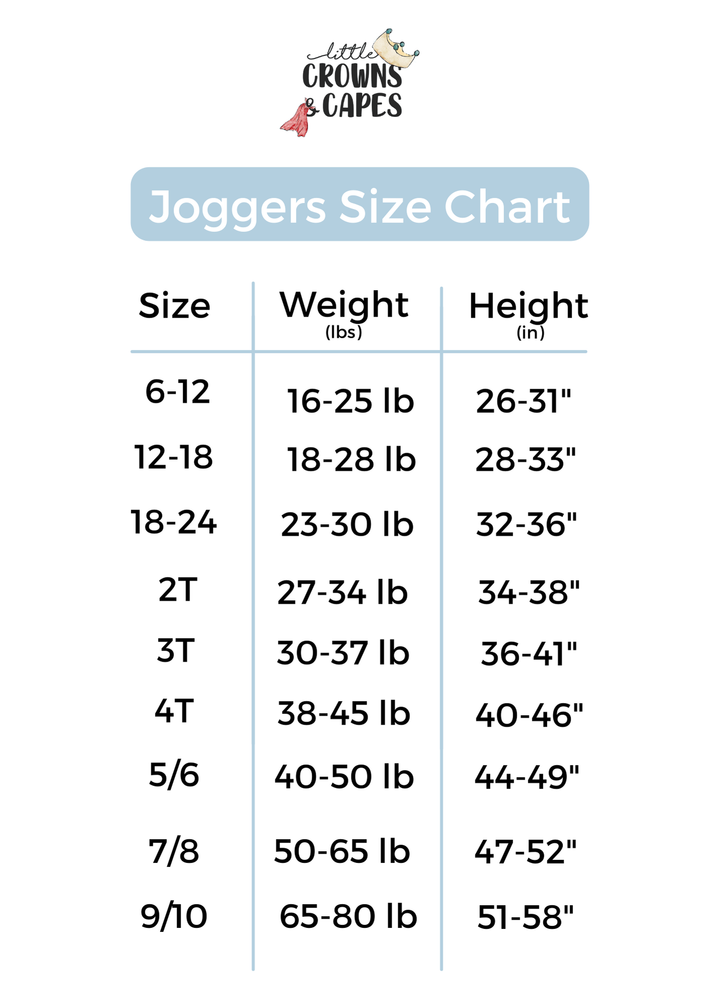Hundred Acre Woods jogger set size chart. Winnie the Pooh map themed jogger set size chart.
