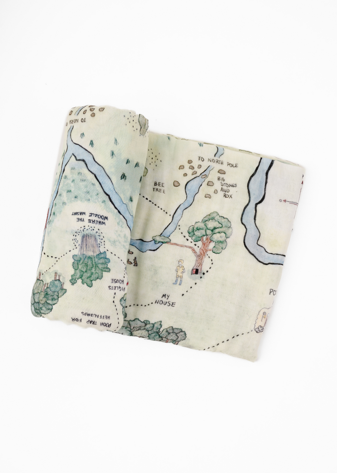 Hundred Acre Woods swaddle. Winnie the Pooh map themed swaddle blanket layflat.