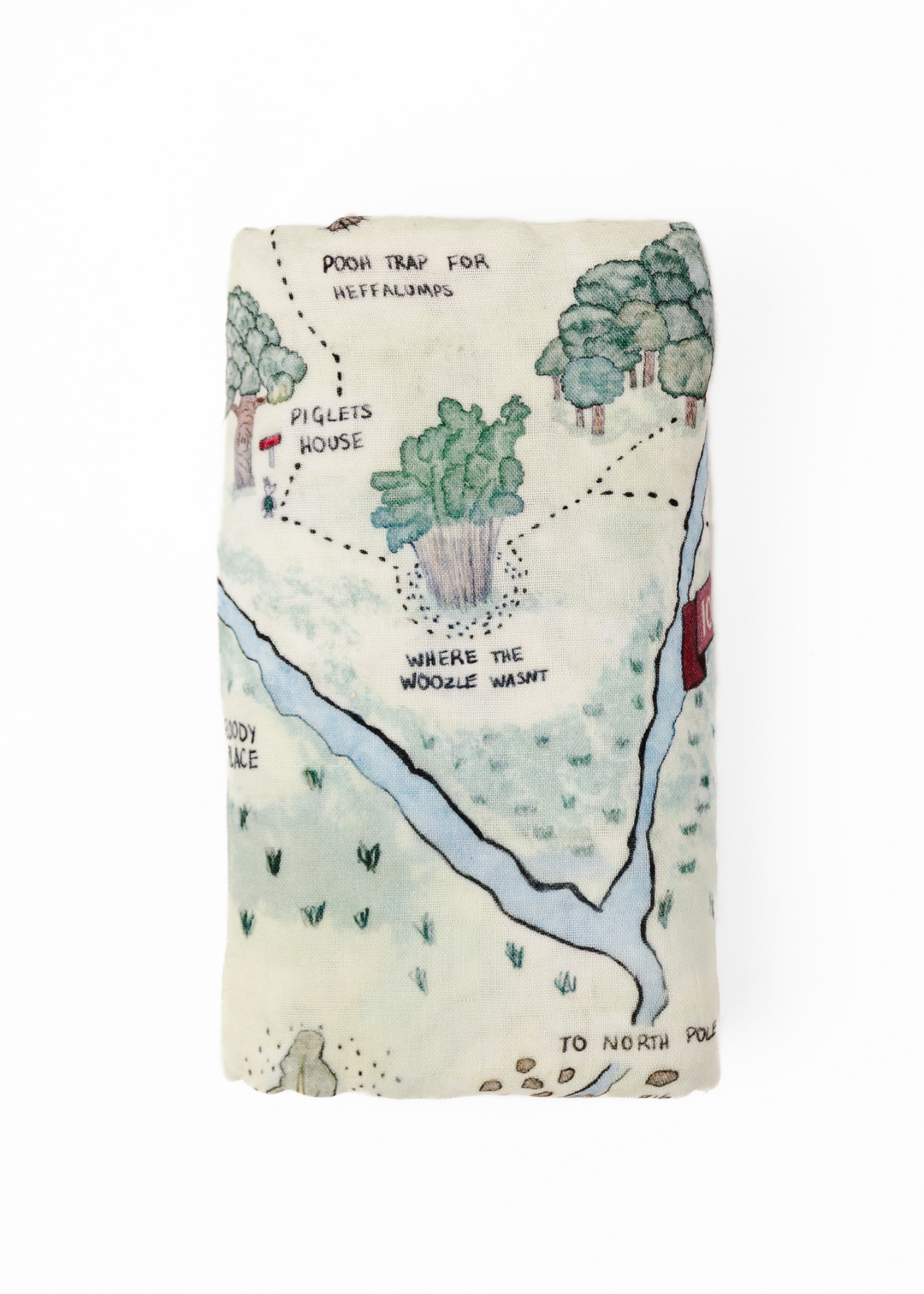 Hundred Acre Woods swaddle back. Winnie the Pooh map themed swaddle blanket layflat back.