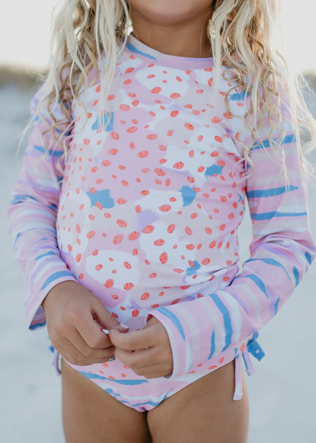 Kids Pink & Blue Abstract Long Sleeve Rash Guard Swimsuit