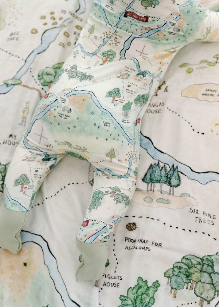 Hundred Acre Woods bamboo baby sleeper. Winnie the Pooh map zippered sleeper. Photo of back of bamboo zippered sleeper.
