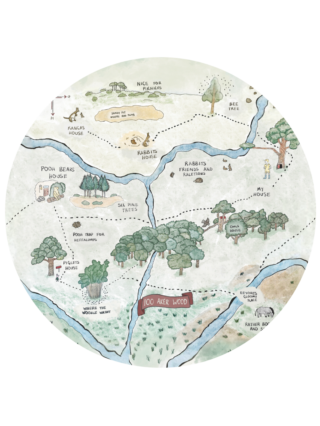 Hundred Acre Woods design. Winnie the Pooh map themed design.