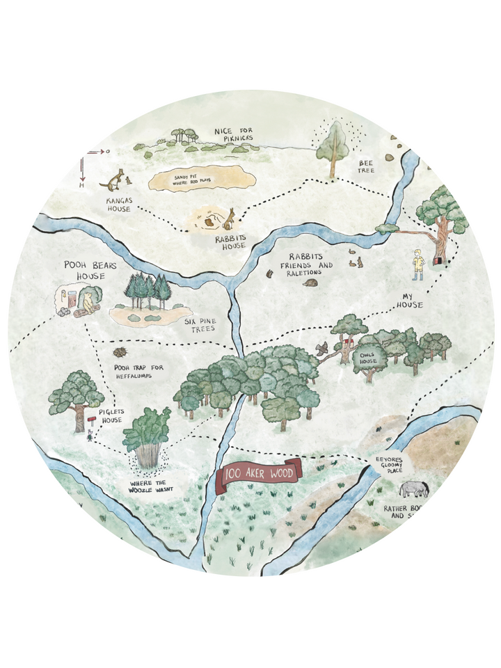 Hundred Acre Woods design. Winnie the Pooh map themed design.