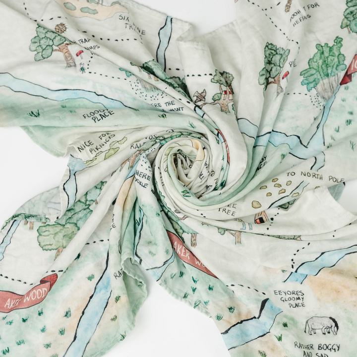 Hundred Acre Woods swaddle oversized. Winnie the Pooh map themed swaddle blanket.