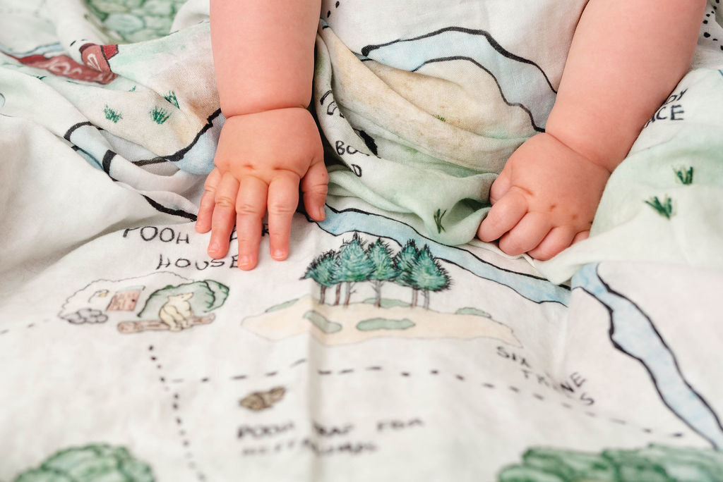 Hundred Acre Woods swaddle close up. Winnie the Pooh map themed swaddle blanket close up.