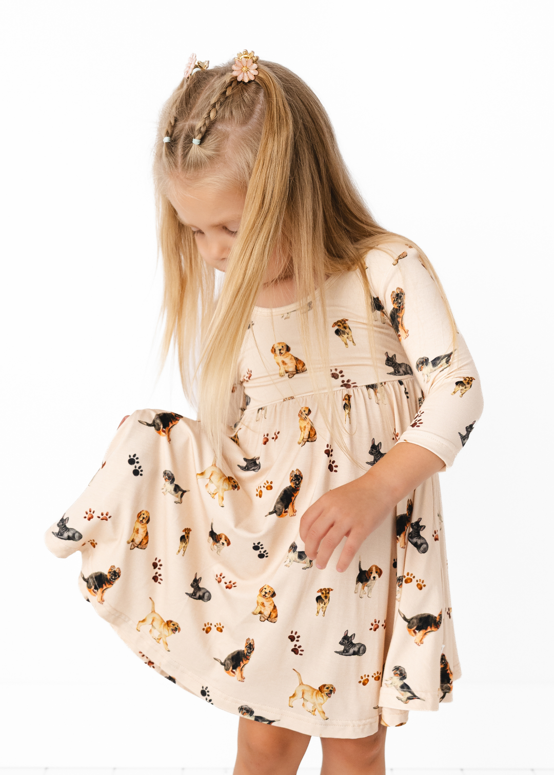 Puppies and Paw Prints Long Sleeve Bamboo Twirl Dress