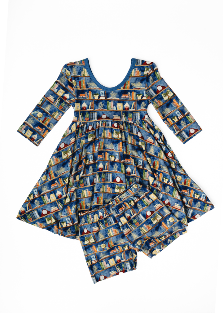 Enchanted Library Long Sleeve Bamboo Twirl Dress