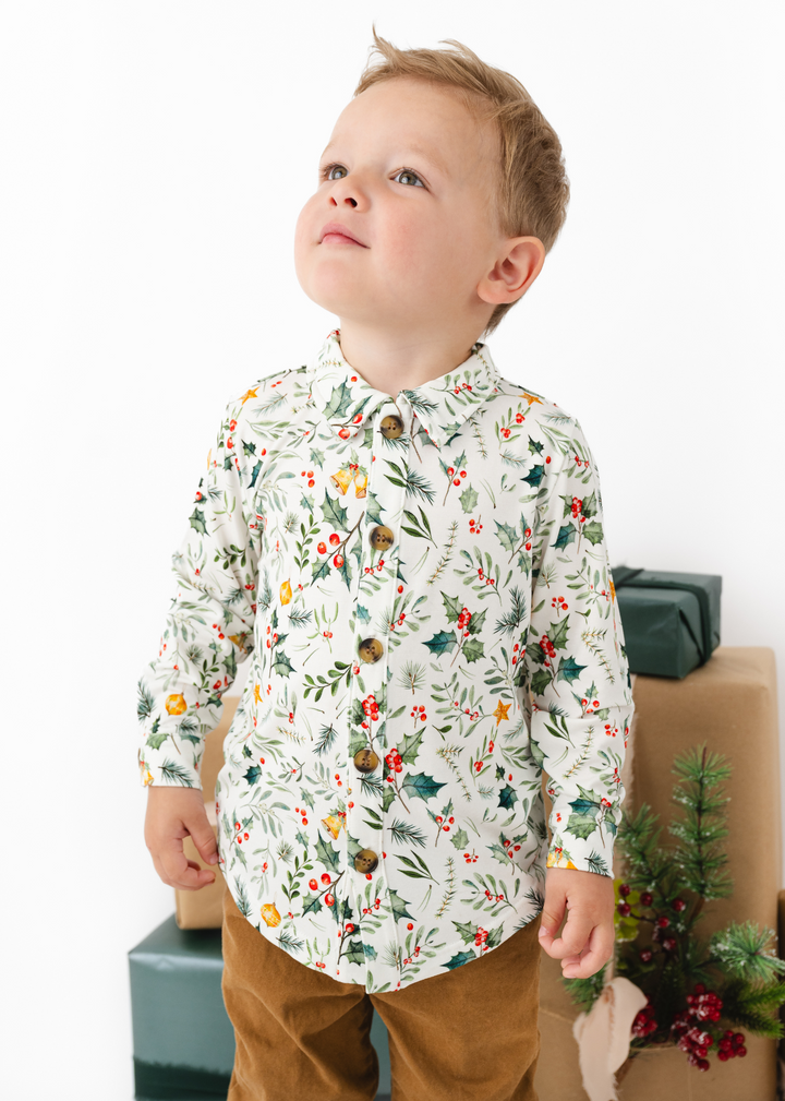 Holly Jolly Christmas Bamboo Button Down Long Sleeve Shirt