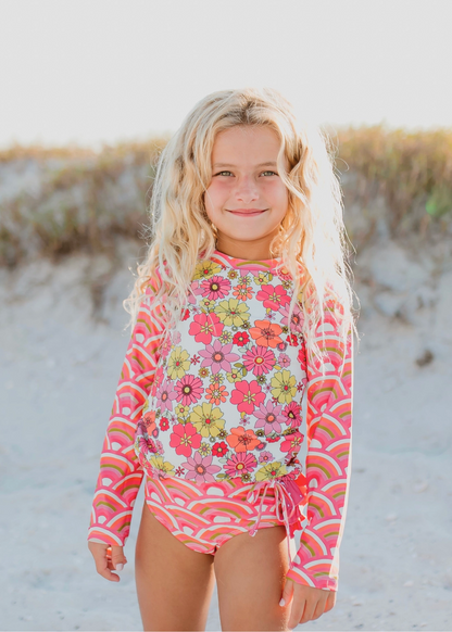 Kids Pink Rainbows Rash Guard Two Piece Ruffle Swimsuit