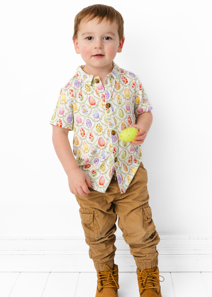 Easter Eggs Bamboo Button Down Short Sleeve Shirt