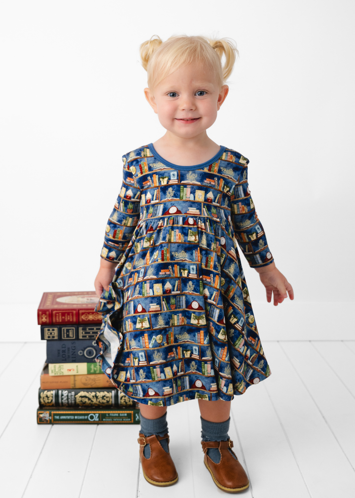 Enchanted Library Long Sleeve Bamboo Twirl Dress