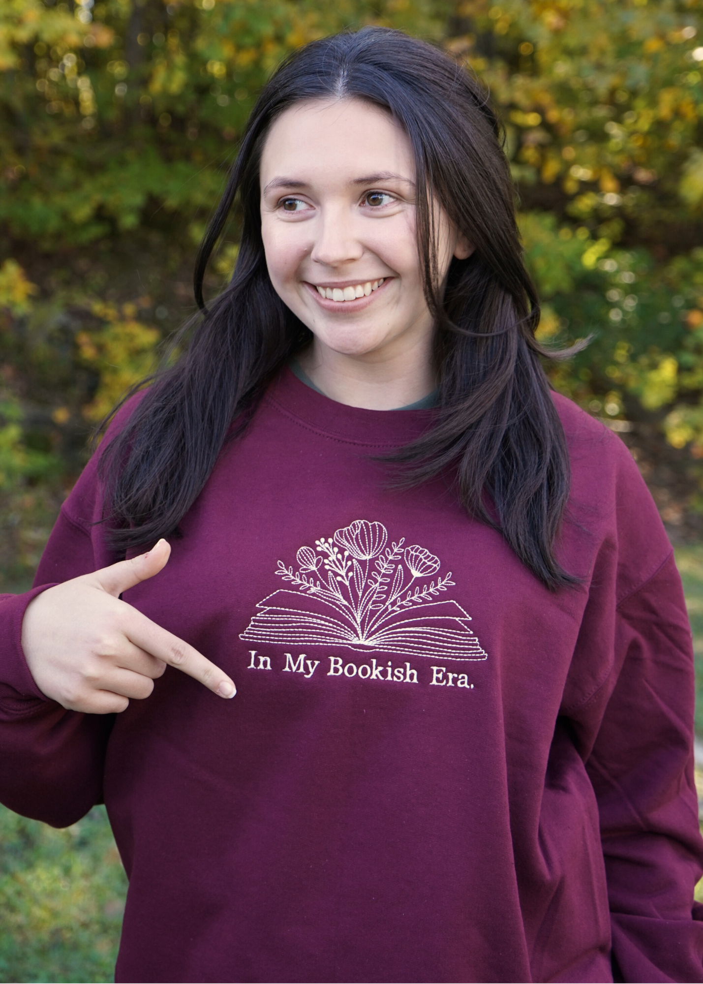 IN MY BOOKISH ERA Embroidered Maroon Crewneck Sweatshirt