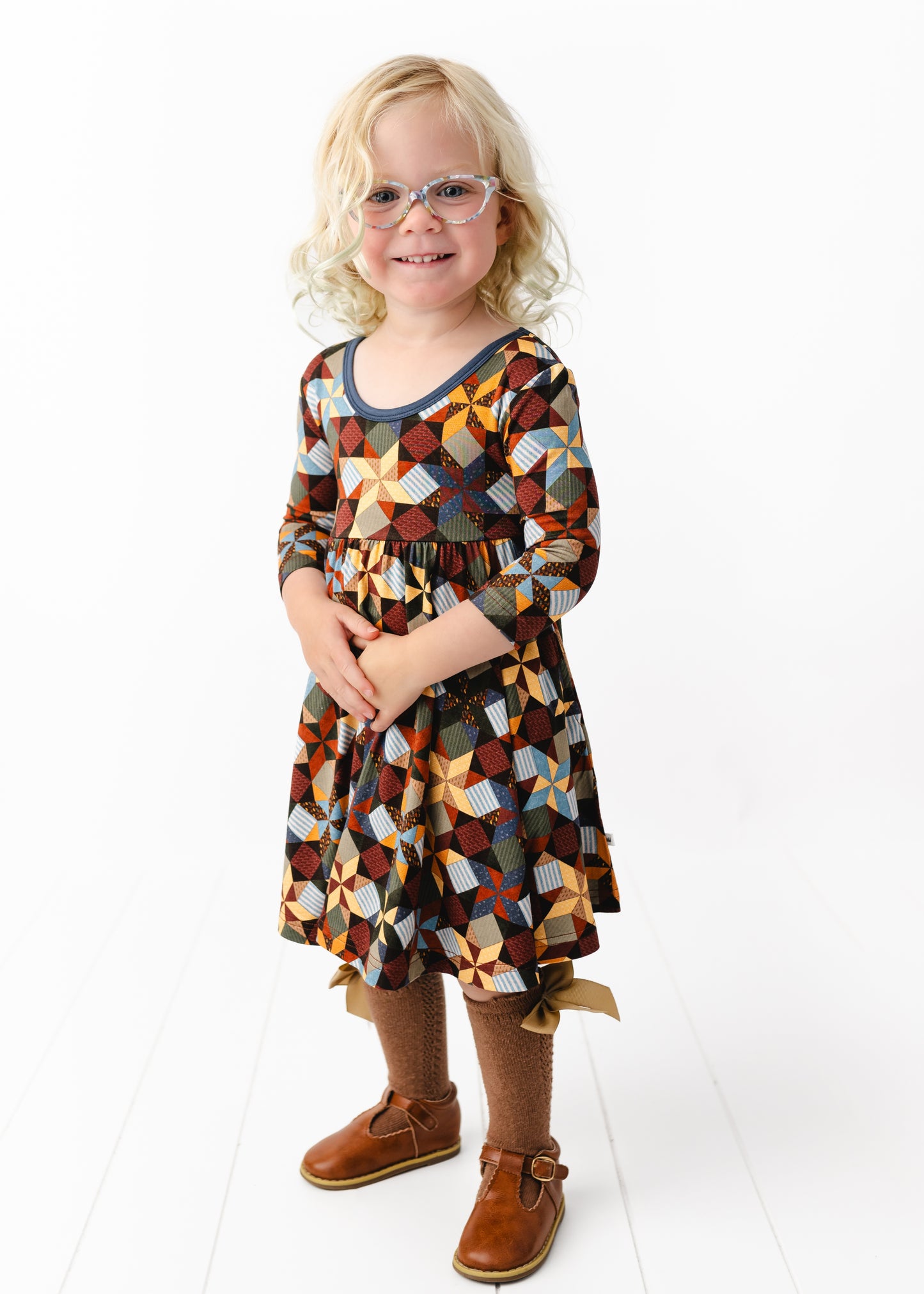 Autumn Patchwork Long Sleeve Twirl Dress