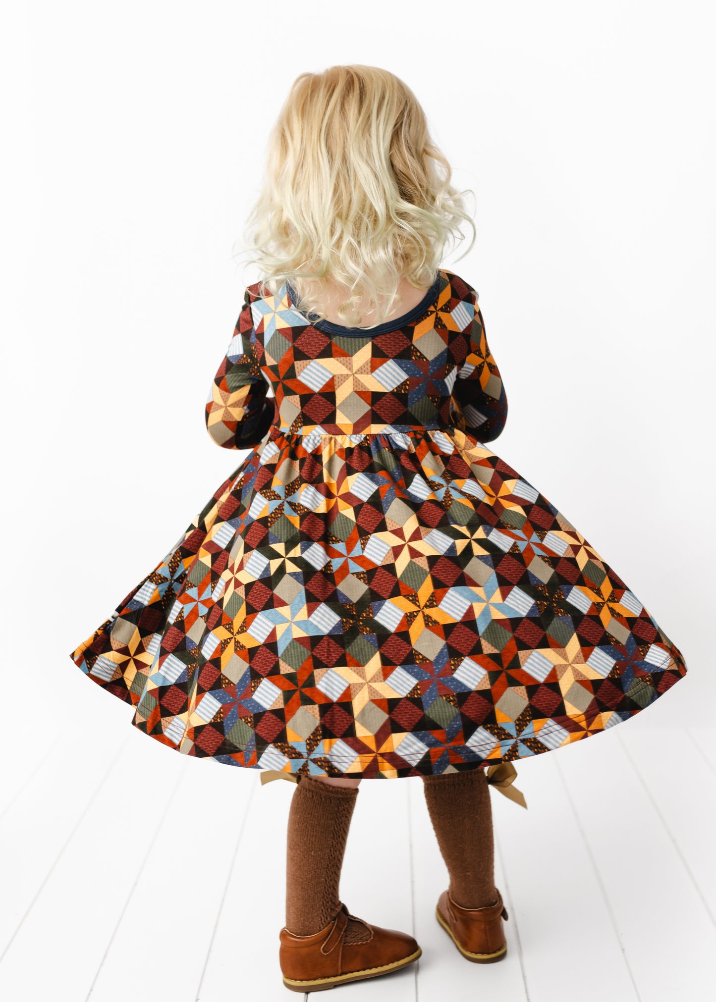 Autumn Patchwork Long Sleeve Twirl Dress