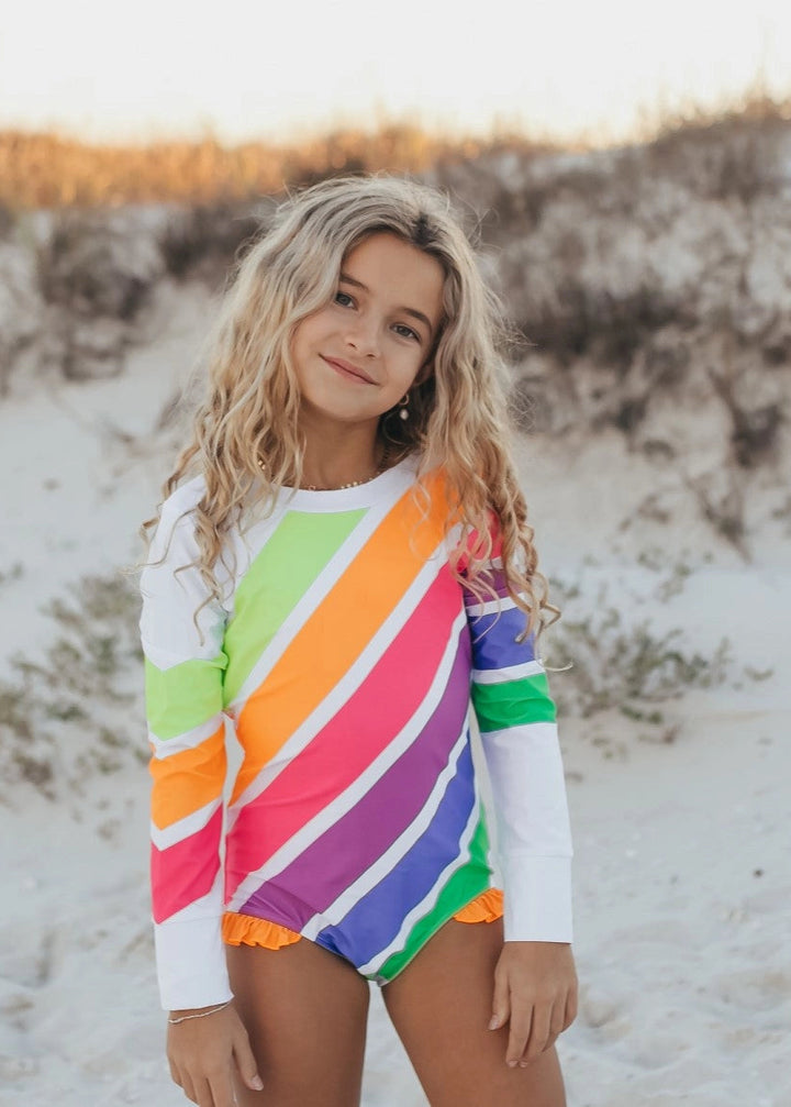 Kids Bright Neon Stripe Zip Rash Guard One Piece Swimsuit