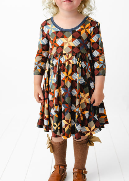 Autumn Patchwork Long Sleeve Twirl Dress