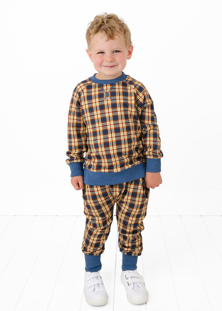 Blue Fall Plaid Kids Jogger Set