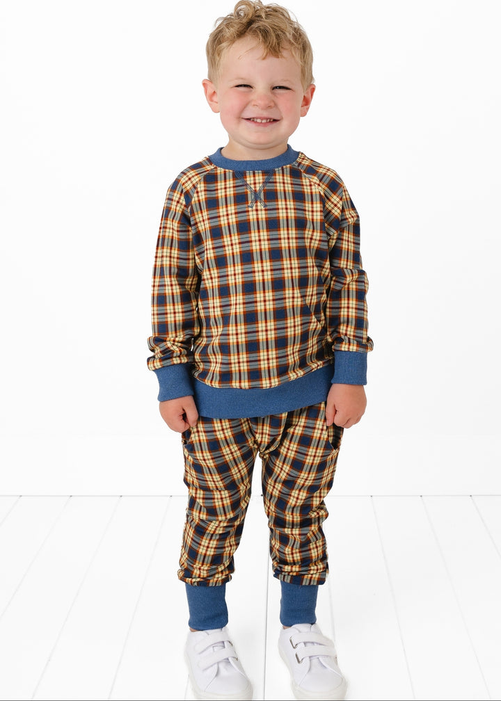 Blue Fall Plaid Kids Jogger Set