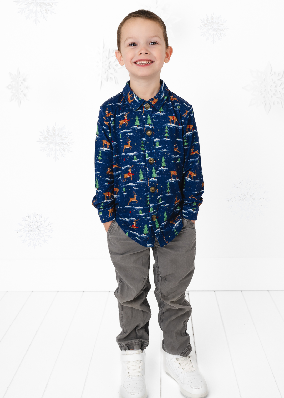 *PREORDER* Reindeer Christmas Bamboo Button Down Long Sleeve Shirt