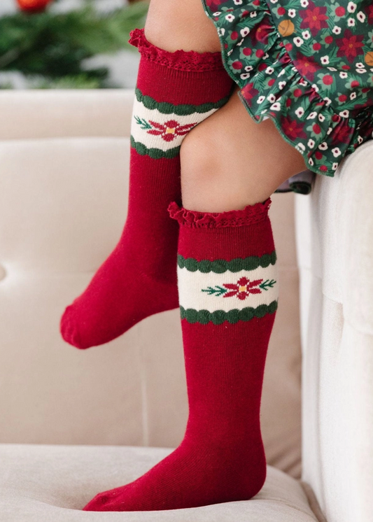 Christmas Poinsettia Lace Red Knee High Socks