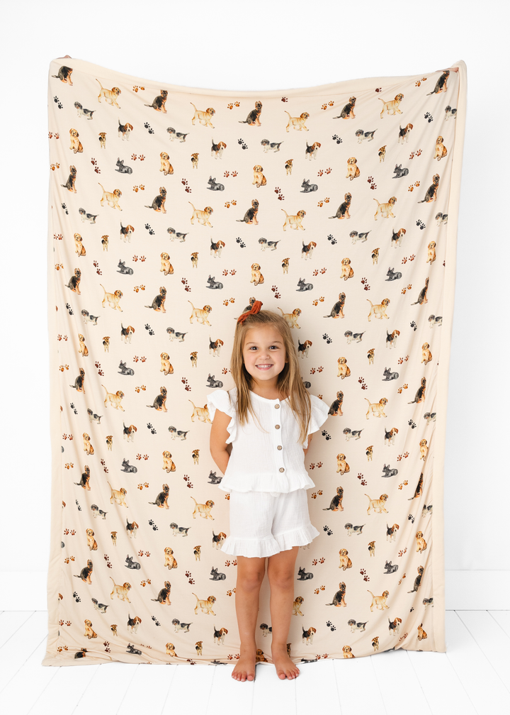 Puppies and Paw Prints Large Quilted Bamboo Blanket