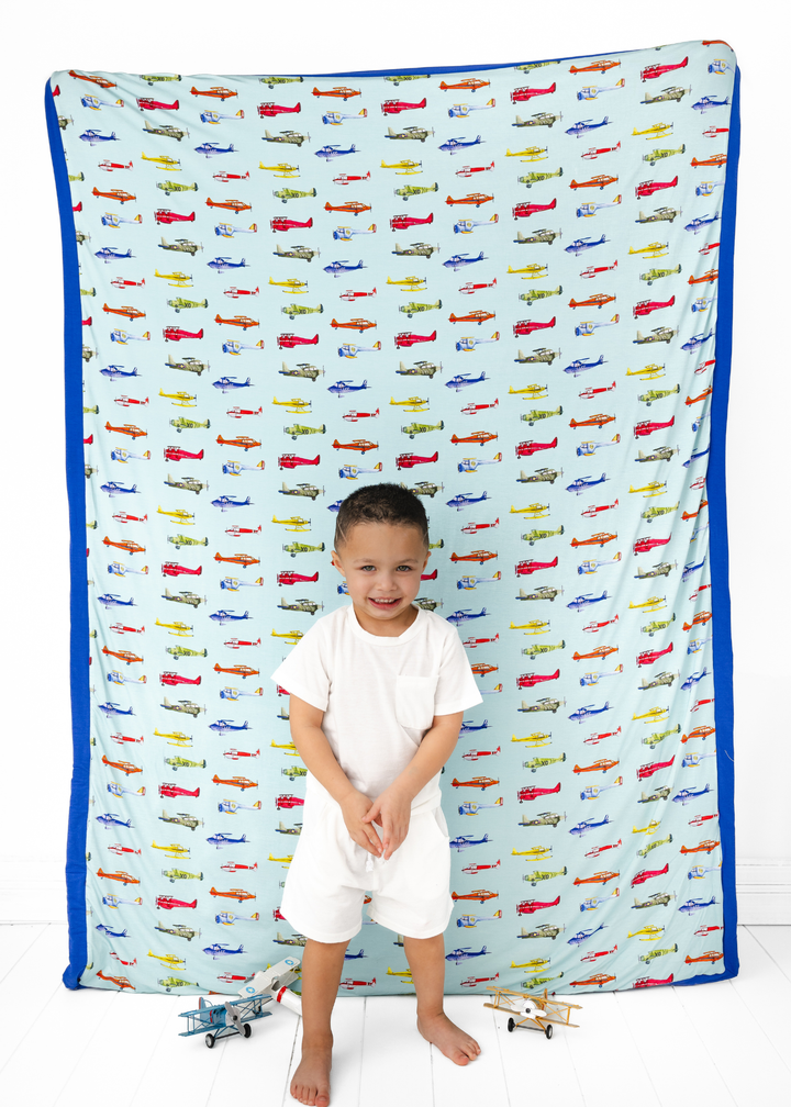 Vintage Airplanes Large Quilted Bamboo Blanket