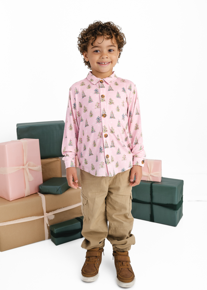 *PREORDER* Pretty Pink Christmas Bamboo Button Down Long Sleeve Shirt