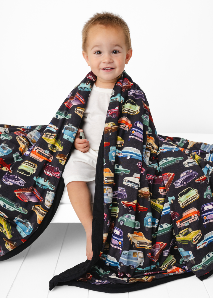 Vintage Cars Large Quilted Bamboo Blanket