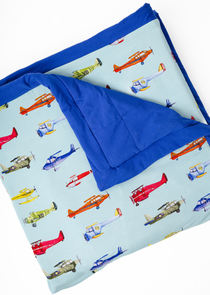 Vintage Airplanes Large Quilted Bamboo Blanket