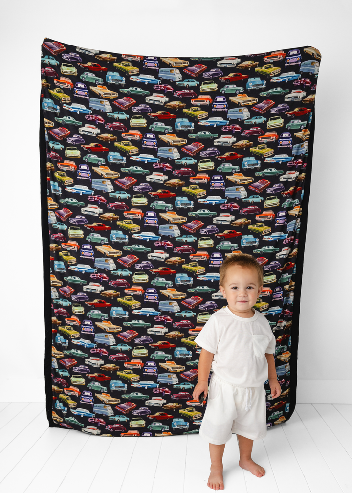Vintage Cars Large Quilted Bamboo Blanket