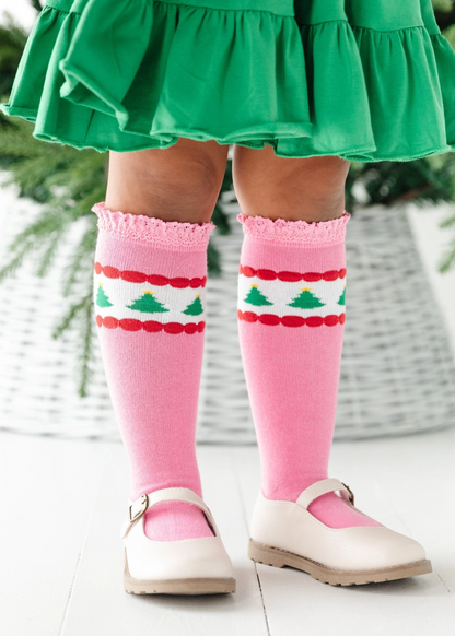 Christmas Pink Tree Lace Knee High Socks