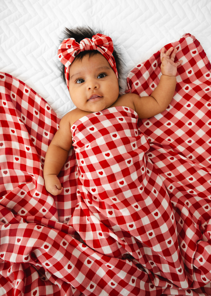 Plaid Hearts Bamboo Swaddle Blanket