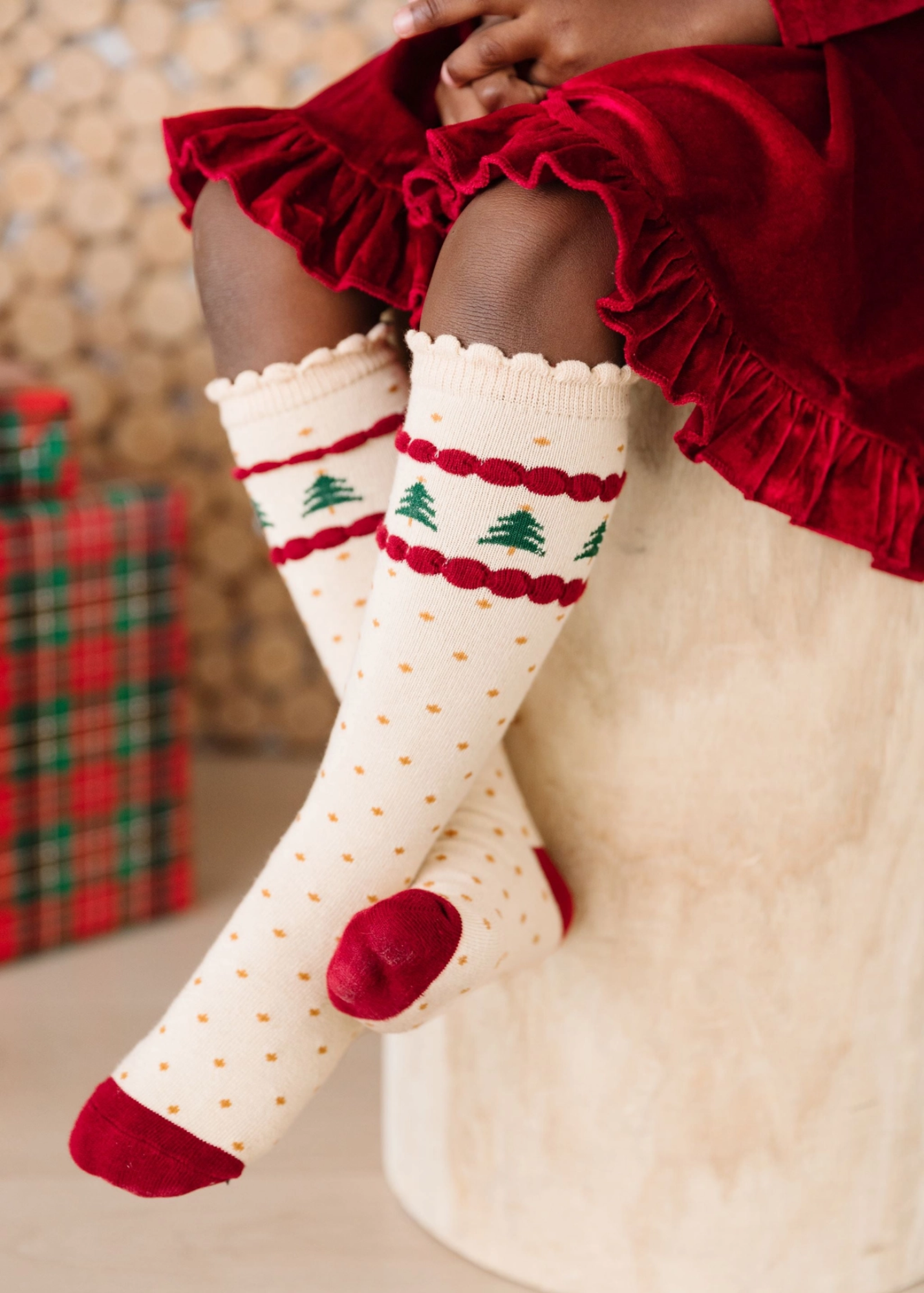 Christmas Trees Ivory Knee High Socks