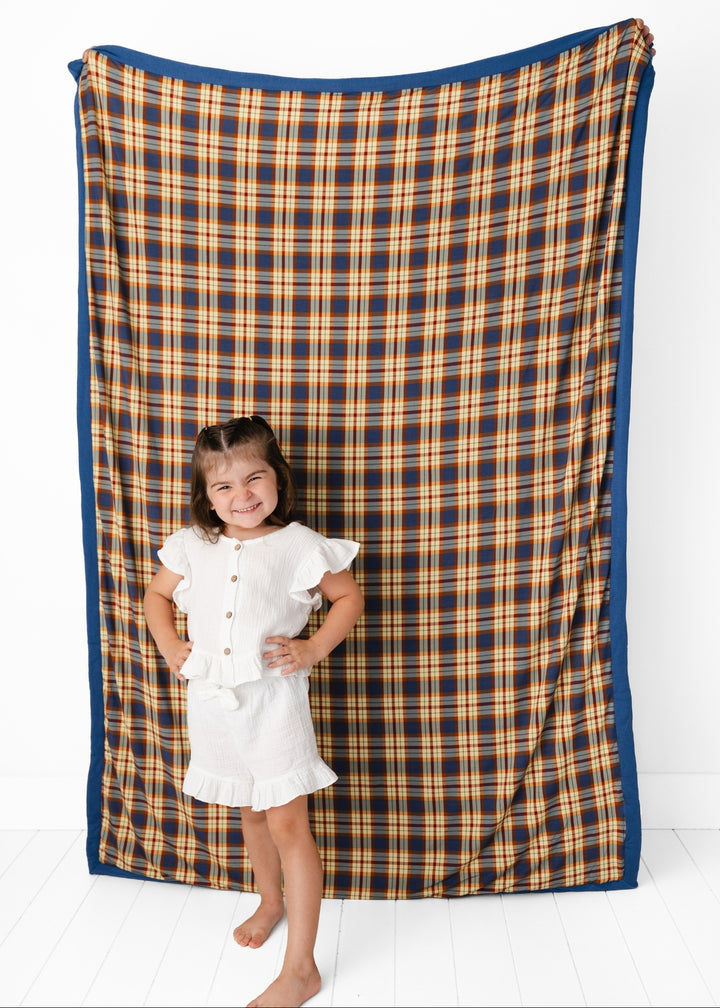 Blue Fall Plaid Large Quilted Bamboo Blanket