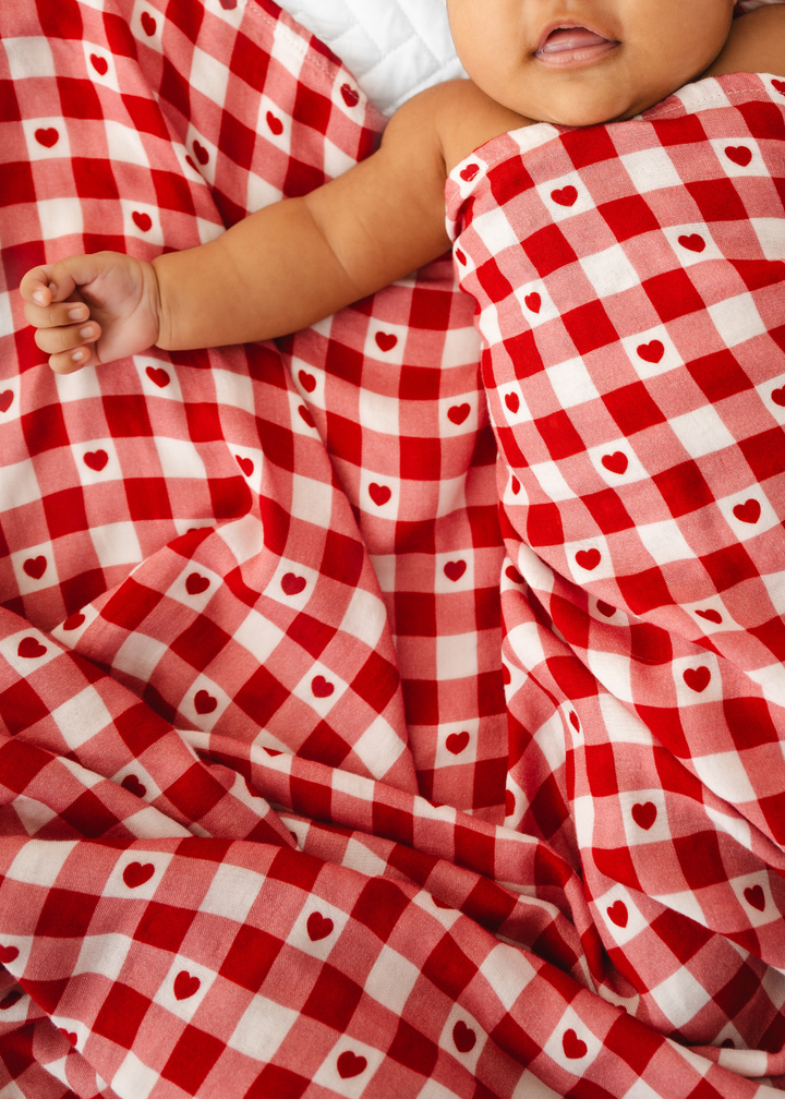 Plaid Hearts Bamboo Swaddle Blanket