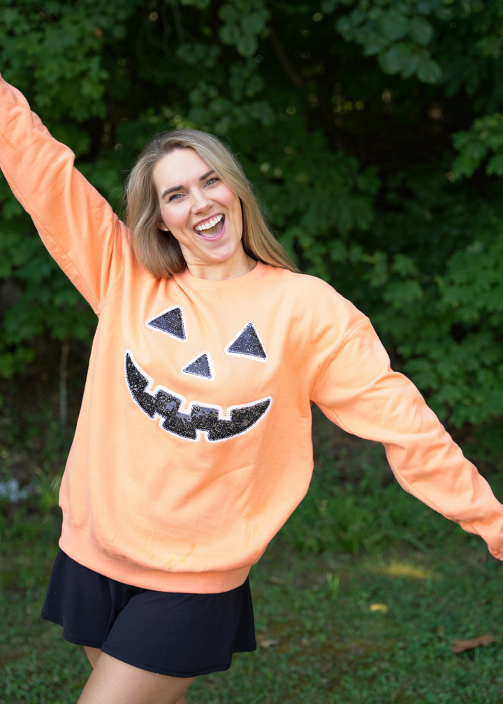Jack-O-Lantern Sequined Pumpkin Crewneck Sweatshirt